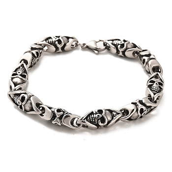 304 Stainless Steel Skull Link Chain Bracelets, Antique Silver, 9-1/8 inch(23.1cm)