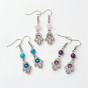 Tibetan Style Alloy Dangle Earring, Natural & Synthetic Mixed Stone Beads, with Brass Earring Hooks, Hamsa Hand/Hand of Fatima/Hand of Miriam, 48mm, Pin: 0.8mm