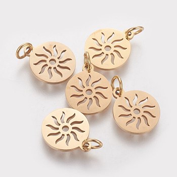 Vacuum Plating 304 Stainless Steel Pendants, Flat Round with Sun, Golden, 14x12x1.1mm, Hole: 3mm