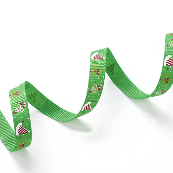 Polyester Grosgrain Ribbon, Christmas Theme, for Jewelry Making, Green, 3/8 inch(10mm), 100yards/roll(91.44m/roll)