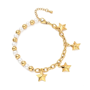 201 Stainless Steel Star Charm Bracelet, Plastic Pearl Beaded Bracelet with Vacuum Plating 304 Stainless Steel Cable Chains for Women, Golden, 7-1/2 inch(19cm)