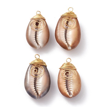 Natural Cowrie Shell Wire Wrapped Pendants, with Eco-Friendly Golden Copper Wire, for Jewelry Making, Camel, 25~35x14.5~19.5x8~10mm, Hole: 3mm