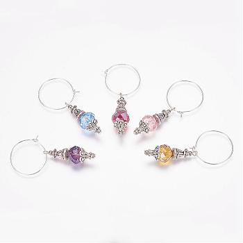 Wine Glass Charms, with Alloy and Glass Findings, Brass Hoops, Silver Color Plated & Antique Silver, Mixed Color, 58mm