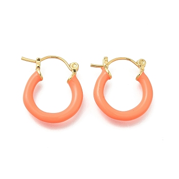 Brass Enamel Hoop Earrings for Women, Flat Round, Light Gold, Light Salmon, 20x19.5x4mm, Pin: 0.8mm