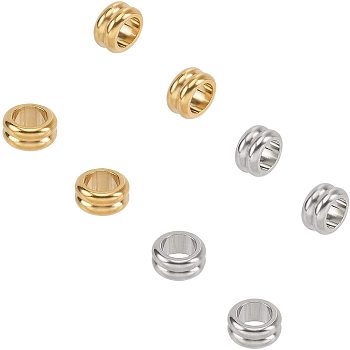 304 Stainless Steel Beads, Grooved Beads, Ion Plating (IP), Column, Golden & Stainless Steel Color, 10x5mm, Hole: 6mm, 20pcs/box
