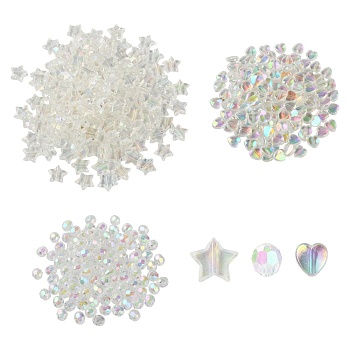 350Pcs 3 Style Transparent Acrylic Beads, Star & Heart & Round, Clear AB, 9x10x4mm, hole: 1.5mm