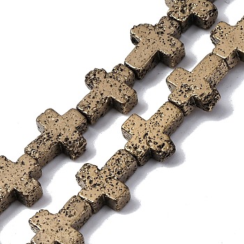 Electroplated Natural Lava Rock Beads Strands, Cross, Antique Golden Plated, 10x8x4~4.5mm, Hole: 0.8~1mm, about 38pcs/strand, 31.10''(79cm)