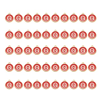 Golden Plated Alloy Charms, with Enamel, Enamelled Sequins, Flat Round, Red, Letter.Q, 14x12x2mm, Hole: 1.5mm, 50pcs/Box