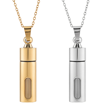 2Pcs 304 Stainless Steel Perfume Bottle Pendants, Column Bottle Charms, with 2Pcs 304 Stainless Steel Cable Chain Necklaces, Golden & Stainless Steel Color, 39.8x11mm