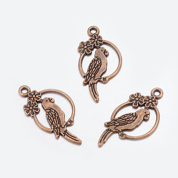 Alloy Tropical Parrot Pendants, Lead Free and Cadmium Free, Red Copper, 28x14.5x1.5mm, Hole: 1.5mm
