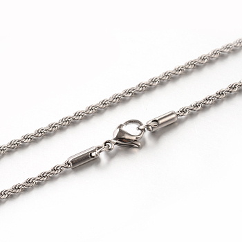 304 Stainless Steel Rope Chain Necklaces, with Lobster Claw Clasps, Stainless Steel Color, 19.7 inch(50cm), 2mm