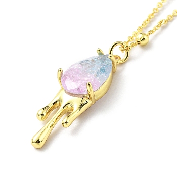 Synthetic Crystal Teardrop Pendant Necklace, Gold Plated Brass Jewelry for Women, Light Sky Blue, 17.32 inch(44cm)