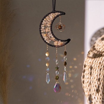 Moon Natural Tiger Eye Chips & Glass Suncatchers, Hanging Pendant Decorations with Golden Metal Findings, 360mm
