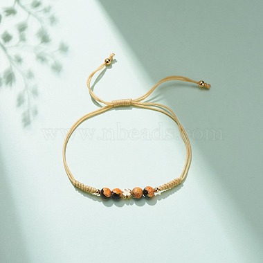 Natural Agate & Brass Clover Beaded Cord Bracelet(BJEW-JB08366-01)-2