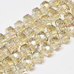 Electroplate Glass Beads Strands, Rainbow Plated, Faceted, Flat Round, Pale Goldenrod, 10x6mm, Hole: 1.5mm, about 58~60pcs/strand,  18.11~18.89 inch(46~48cm)(EGLA-Q083-10mm-D01)