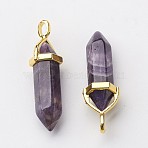 Natural Amethyst Pointed Pendants, with Random Alloy Pendant Hexagon Bead Cap Bails, Golden, Bullet, 37~40x12.5x10mm, Hole: 3x4.5mm(X-G-G902-A04)