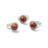 Synthetic Goldstone Adjustable Rings, Platinum Tone Flower Brass Rhinestone Rings for Women, Cadmium Free & Lead Free, US Size 8(18.1mm), 2.5~8mm(RJEW-P043-02P-19)