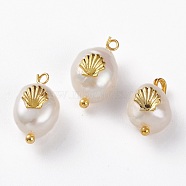 Natural Keshi Pearl Pendants, with Alloy Cabochons and Brass Loops, Nuggets with Shell, Golden, 13~16x8~9x5~8mm, Hole: 2mm(PALLOY-JF00594-03)