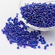 Round Trans. Colors Rainbow Glass Seed Beads, Blue, Size: about 3mm in diameter, hole: 1mm, about 1102pcs/50g(X-SEED-A007-3mm-168)