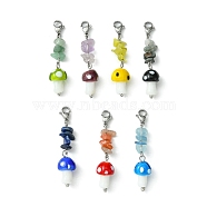 Mushroom Handmade Lampwork Pendant Decorations, with Natural Chip Gemstone Beads and 304 Stainless Steel Lobster Claw Clasps, Mixed Color, 53.5~55.5mm, 7pcs/set(HJEW-TA00092)