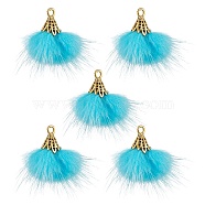 Faux Mink Fur Tassel Pendant Decorations, with Antique Golden Alloy Findings, Deep Sky Blue, 20~30x28~30mm, Hole: 1.8mm(FIND-YW0002-24I)