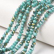 Electroplate Opaque Glass Beads Strands, Half Green Plated, Faceted, Rondelle, Turquoise, 4x3mm, Hole: 0.4mm, about 130pcs/strand, 16.54 inch(42cm)(EGLA-A034-P4mm-S15)