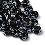 Handmade Evil Eye Lampwork Beads, Flat Round, Black, 9~10x6mm, Hole: 3mm(LAMP-F021-01-05)