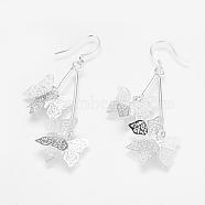 Brass Dangle Earrings, Hollow Butterfly, Silver Color Plated, 63mm, 48x15.5x1mm, Pin: 0.5mm(EJEW-E214-11S)