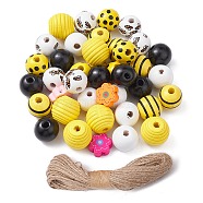 DIY Bee Pendant Decoration Making Kit, Including Printed Wood Round & Flower Beads, Jute Cord, Mixed Color, Beads: 14.5~18x5~17mm, Hole: 2~4.5mm, 70Pcs/bag(DIY-YW0007-46)