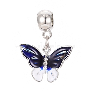 Tibetan Style Alloy European Dangle Charms, Large Hole Beads, with Enamel and Rhinestone, Butterfly, Blue, Platinum, 33mm, Hole: 6mm, Pendant: 17x24x3mm(MPDL-G028-01P)