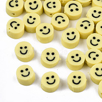 main perles en pate polymère, plat rond avec le visage de sourire, jaune, 5x3 mm, trou: 1 mm