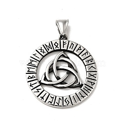 304 Stainless Steel Manual Polishing Pendants, Ring with Trinity Knot & Runes Charms, Antique Silver, 38x35.5x3mm, Hole: 4x8mm(STAS-G280-05AS)