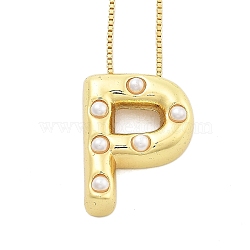 Brass & Plastic Pearl Letter Pendant Box Chain Necklaces for Women, Real 18K Gold Plated, Letter P, 17.64 inch(44.8cm)(NJEW-U017-01G-16)