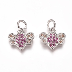 Brass Micro Pave Cubic Zirconia Charms, with Jump Rings, Bees, Magenta & PeachPuff, Platinum, 10x11x2mm, Hole: 3mm(ZIRC-I038-07P)