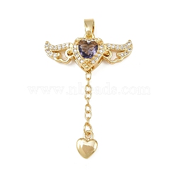 Brass Micro Pave Cubic Zirconia Pendants, Glass Heart & Wings, Rack Plating, Cadmium Free & Lead Free, Long-Lasting Plated, Golden, Violet, 33x23x7mm, Hole: 4x2mm(KK-B161-12G-03)