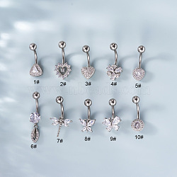 316L Surgical Stainless Steel Clear Cubic Zirconia Curved Barbell Belly Rings, Stainless Steel Color, Heart, 10mm, Pin: 1.6mm, Head: 5mm(WG7644D-02)