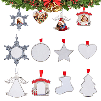 8 Sets 8 Styles Christmas Theme Sublimation Blank Alloy Pendant Decorations, Alloy Blank Photo Picture Pendant, with Cord, Bell/Heart/Tree, Mixed Patterns, 39~187x42~62x2.5~6mm, Hole: 3~6x3~3.5mm, Inner Diameter: 31~54x19.5~42.5mm, 1 set/style