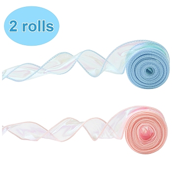 2 Rolls 2 Colors Polycooton Ribbon, Iridescent Ribbon for Bowknot, Flower, Gift Decoration, Mixed Color, 1-5/8 inch(40mm), about 10.00 Yards(9.14m)/Roll, 1roll/color