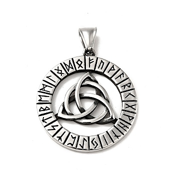 304 Stainless Steel Manual Polishing Pendants, Ring with Trinity Knot & Runes Charms, Antique Silver, 38x35.5x3mm, Hole: 4x8mm