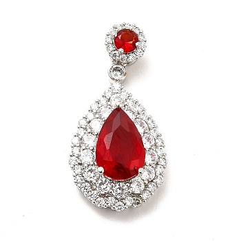 Brass Micro Pave Clear Cubic Zirconia Pendants, with Faceted Glass, Teardrop, Real Platinum Plated, Red, 32.5mm, Hole: 3.5x2.5mm