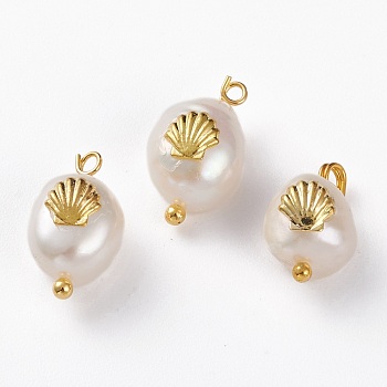 Natural Keshi Pearl Pendants, with Alloy Cabochons and Brass Loops, Nuggets with Shell, Golden, 13~16x8~9x5~8mm, Hole: 2mm