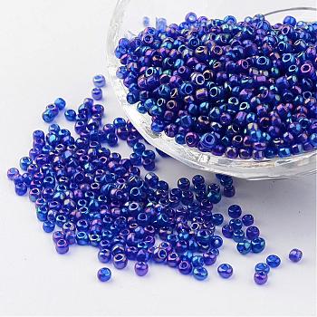 Round Trans. Colors Rainbow Glass Seed Beads, Blue, Size: about 3mm in diameter, hole: 1mm, about 1102pcs/50g