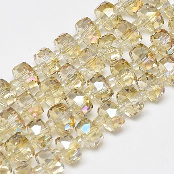 Electroplate Glass Beads Strands, Rainbow Plated, Faceted, Flat Round, Pale Goldenrod, 10x6mm, Hole: 1.5mm, about 60pcs/strand, 18.9 inch