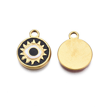 304 Stainless Steel Enamel Pendants, Real 18K Gold Plated, Flat Round with Eye, Black, 17x13.5x1.5mm, Hole: 2mm
