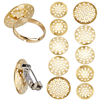 SUNNYCLUE 100Pcs 5 Style Brass Finger Ring/Brooch Sieve Findings, Perforated Disc Settings, Raw(Unplated), 20pcs/style