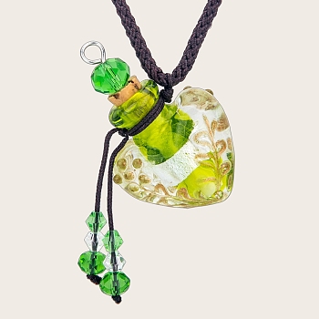 Baroque Style Heart Handmade Lampwork Perfume Essence Bottle Pendant Necklace, Adjustable Braided Cord Necklace, Sweater Necklace for Women, Yellow Green, 18-7/8~26-3/4 inch(48~68cm)
