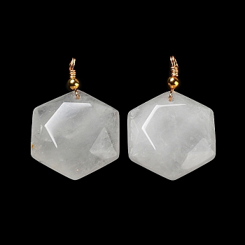Natural Quartz Crystal Pendants, Rock Crystal Pendants, with Rack Plating Golden Tone Brass Loops, Faceted Star, 39~40x25x8.5~10mm, Hole: 3mm
