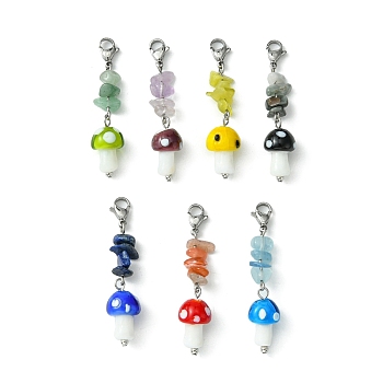 Mushroom Handmade Lampwork Pendant Decorations, with Natural Chip Gemstone Beads and 304 Stainless Steel Lobster Claw Clasps, Mixed Color, 53.5~55.5mm, 7pcs/set