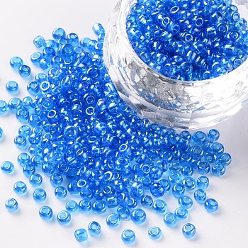 (Repacking Service Available) Glass Seed Beads, Trans. Colours Lustered, Round, LiGoht Blue, 8/0, 3mm, Hole: 1mm, about 12G/bag