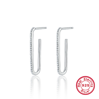 Rhodium Plated 925 Sterling Silver Oval Stud Earrings, Half Hoop Earrings with Clear Cubic Zirconia, Platinum, 30x9mm